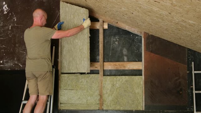 Middle-aged man climbs a ladder and insulates the external walls with mineral sheet insulation. Thermal insulation work, house renovation.