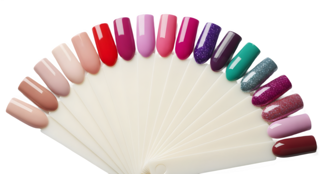 Collection of vibrant gel nail polish color swatches palette for beauty and manicure concept isolated PNG with Transparent Background