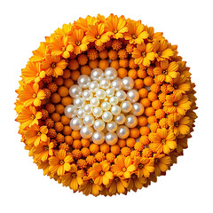 Intricate floral arrangement with pearls at the center