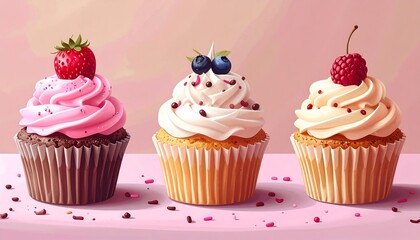 Three colorful cupcakes with various fruit toppings set on a soft, pastel pink background, artistically rendered