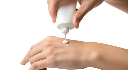 Close up of hands applying moisturizer cream from a tube for daily skincare routine isolated PNG with Transparent Background