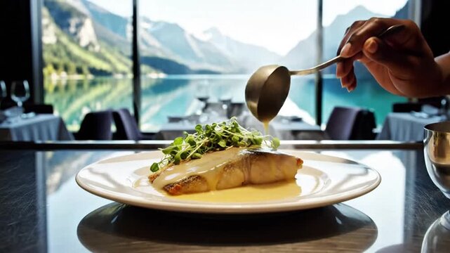 Pan-Seared Halibut &ndash; Lakeside Fine Dining Mood (Hot)