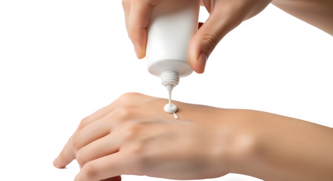 Close up of hands applying moisturizer cream from a tube for daily skincare routine isolated PNG with Transparent Background