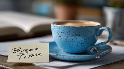 Blue coffee cup on desk with Break Time note symbolizing pause for relaxation and work life balance