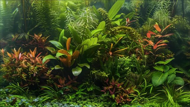 Bright and lively underwater scene with corals and tropical plants.
