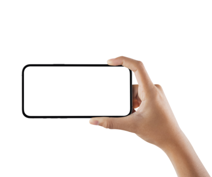 Hands Holding Modern Smartphone with Blank Screens on Transparent Background Png - Powered by Adobe