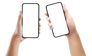 Hands Holding Modern Smartphone with Blank Screens on Transparent Background Png