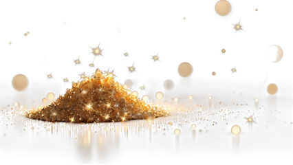 Glittering gold confetti heap with sparkling highlights, isolated on white background, perfect for party, celebration, or festive decor themes