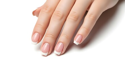 Close-up of beautiful female hand with well-groomed French manicure nails, beauty concept. isolated PNG with Transparent Background