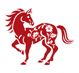 2026 Chinese New Year Horse Design Element - Looking Back Horse with Floral Pattern, Compound Path