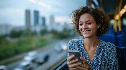 323Smiling woman enjoying social media on smartphone during bus ride, urban skyline and passing traffic blurred in background - Powered by Adobe