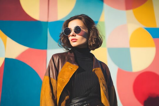 Stylish woman in jacket posing against a vibrant geometric background