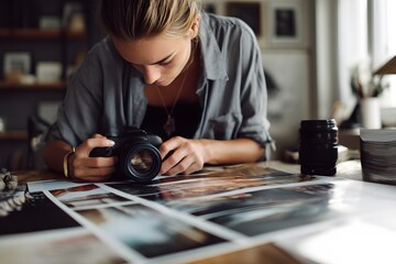 Photographer reviewing photos with professional camera on wooden desk in bright indoor studio