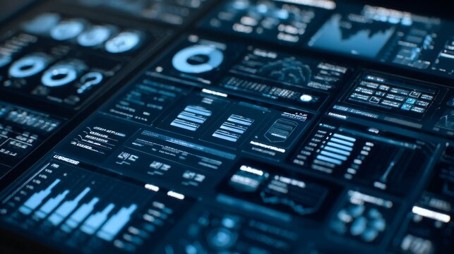 Digital Dashboard Displaying Various Analytical Graphs and Readings in a Futuristic Interface for Data Analysis