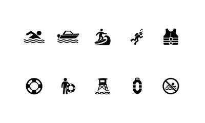 10er-Set Wasseraktivit&auml;ten & Rettung: Schwimmen, Boot, Tauchen, Surfen, Schwimmweste, Rettungsring, Rettungsschwimmer, Rettungsturm, Boje, Nicht schwimmen