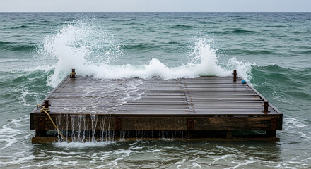 Waves crashing on a wooden pier on a cloudy day at the beach