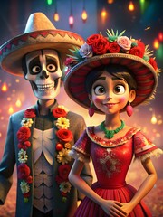 Cartoon couple in traditional mexican attire for day of the dead celebration