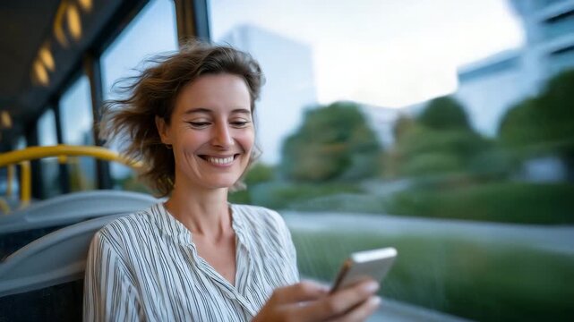 330Smiling woman riding bus, smartphone in hand, city buildings passing quickly outside, motion blur effect