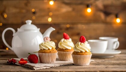 Three cupcakes with berries, a teapot, and tea cups rest on a wooden table under warm lighting in a cozy setting
