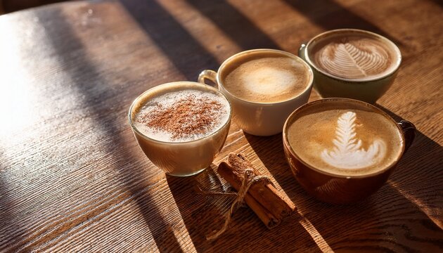 Trio Of Coffee Drinks On Wooden Table With Latte Art And Cinnamon Stick In Sunlight