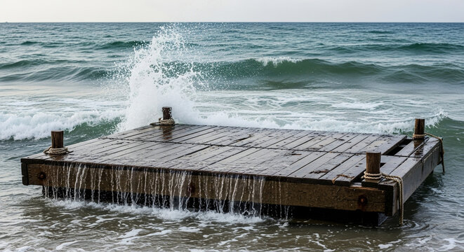 Ocean waves crashing on a wooden pier on a cloudy day at the beach - Powered by Adobe