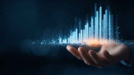 Futuristic hand holding digital data visualization, showcasing bar graph growth and analytics in modern technology concept