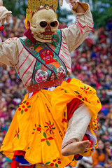 THIMPHU, BHUTAN, October 3, 2025 : Masked dancer at the Thimphu Tshechu, a celebrated religious festival and a vivid demonstration of Bhutanese spiritual traditions