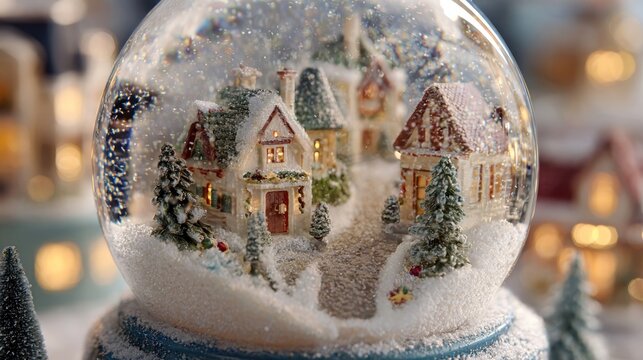snow globe close-up showing a miniature Christmas village inside,