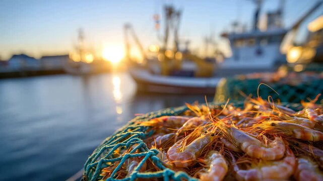 343Freshly caught shrimp and lobster in net, morning light highlighting glistening shells, industrial fishing port slightly blurred in background