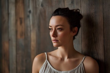 Naklejka premium Contemplative woman resting against a rustic wooden wall indoors looking toward the light