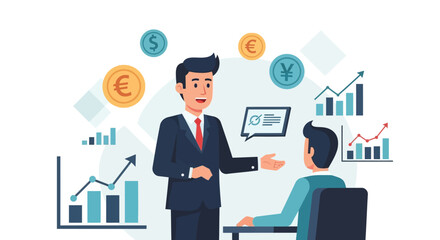 Two businessmen discussing financial growth and investment strategies with currency symbols and charts in the background.