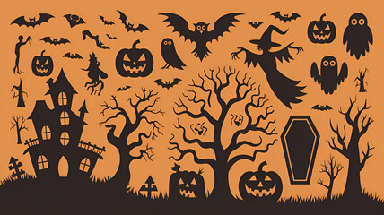 Highly detailed vivid vector collection of fifty Halloween silhouettes including haunted house witch ghost pumpkins tree owl and coffin on orange background
