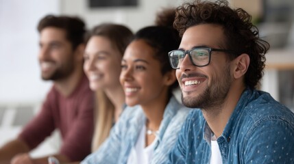 Group of cheerful young adults engaged in brainstorming session in modern office setting with smiling expressions and collaborative energy