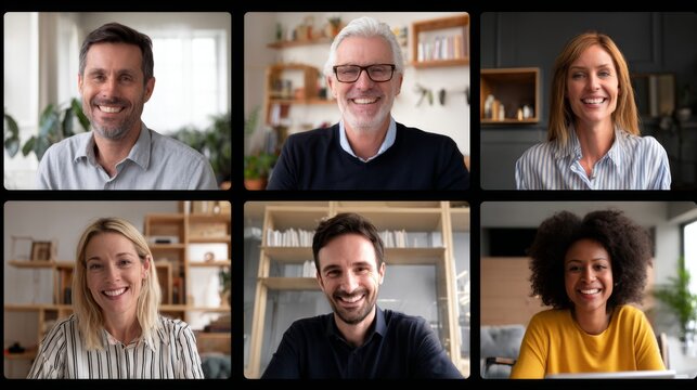 Diverse group of cheerful professionals smiling during virtual meeting with modern office background in six-frame collage format