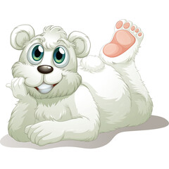 Adorable cartoon polar bear cub playfully lying on its side with one leg raised showing a pink paw pad against a clean white background featuring big blue eyes and a happy expression
