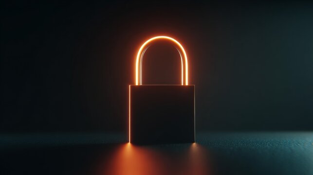Futuristic glowing padlock representation signifying safety, security, and protection in a digital landscape with dark backdrop