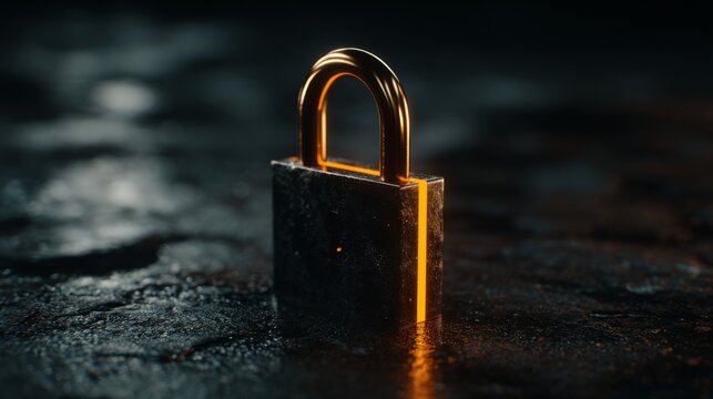 Secure and Reliable Metal Padlock with Golden Shiny Shackle in Dark Atmospheric Environment for Conceptual Representation