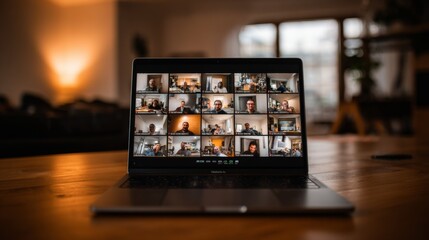 Group Video Conference on Laptop Screen with Multiple Participants Engaged in Meeting Discussion at Home Environment