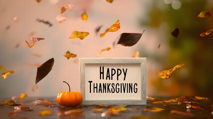 Cinematic close-up of “happy thanksgiving” on whitewashed wooden sign, vibrant orange pumpkin and swirling maple leaves framing shot, golden bokeh backdrop