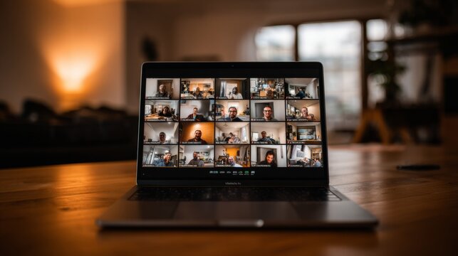 Group Video Conference on Laptop Screen with Multiple Participants Engaged in Meeting Discussion at Home Environment