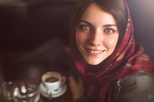 Smiling woman with headscarf enjoying coffee in a cozy cafe