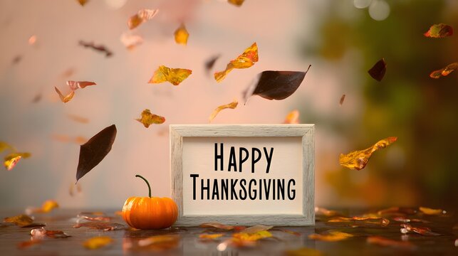 Cinematic close-up of “happy thanksgiving” on whitewashed wooden sign, vibrant orange pumpkin and swirling maple leaves framing shot, golden bokeh backdrop