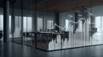 Modern office space with financial data visualization and glass walls showcasing global market trends and analytics
