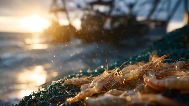 354Mixed seafood catch in net, shrimp and crab close-up, droplets of seawater reflecting light, industrial fishing environment in background