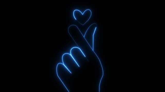 Neon Finger Heart Icon, Glowing hand gesture with heart on black background representing love and affection in digital art.