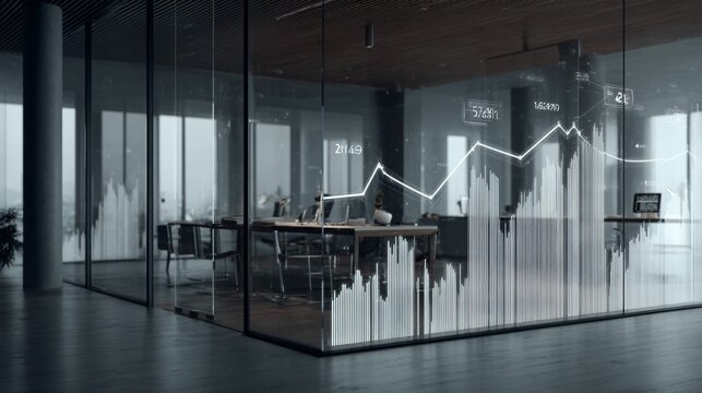 Modern office space with financial data visualization and glass walls showcasing global market trends and analytics - Powered by Adobe