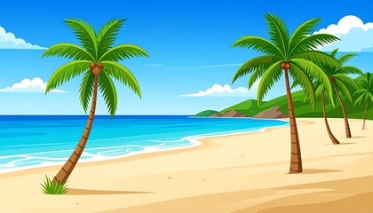 Tropical beach scenery with palm trees, sandy shore, turquoise water, and cloudy blue sky on a sunny day