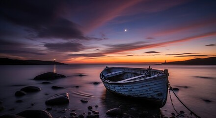 Discover serene coastal beauty with a weathered rowboat at sunset, perfect for travel, adventure, and capturing the tranquility of nature's end