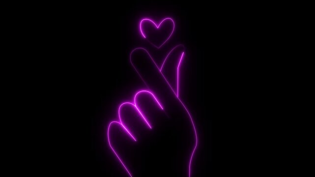 Neon Finger Heart Gesture, Glowing hand gesture with heart on black background representing love and affection in digital art.