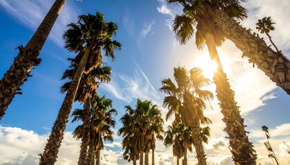 Tall palms against a blue sky with white clouds, viewed from below, with the sun peeking through the leaves